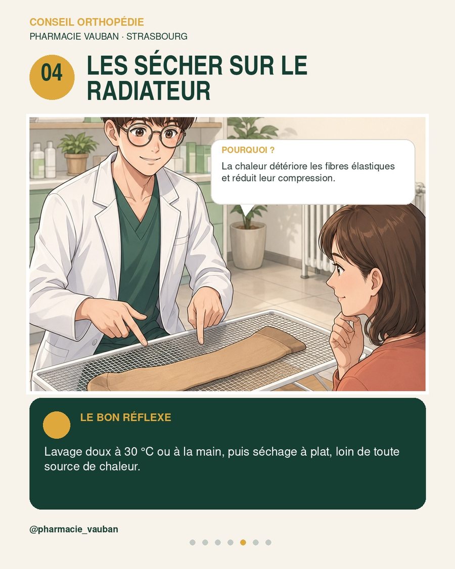 Jamais de radiateur ni de sèche-linge pour un bas de contention : séchage à plat, à l'air libre