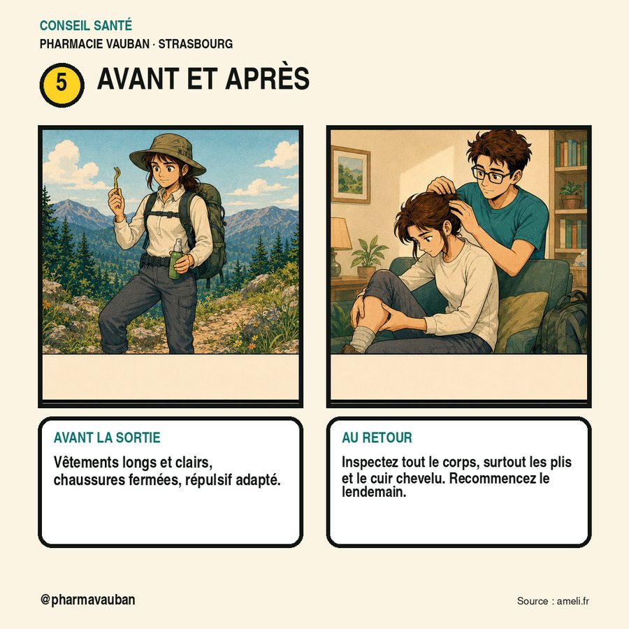 Prévention des tiques en randonnée : vêtements couvrants, répulsif, puis inspection du corps au retour