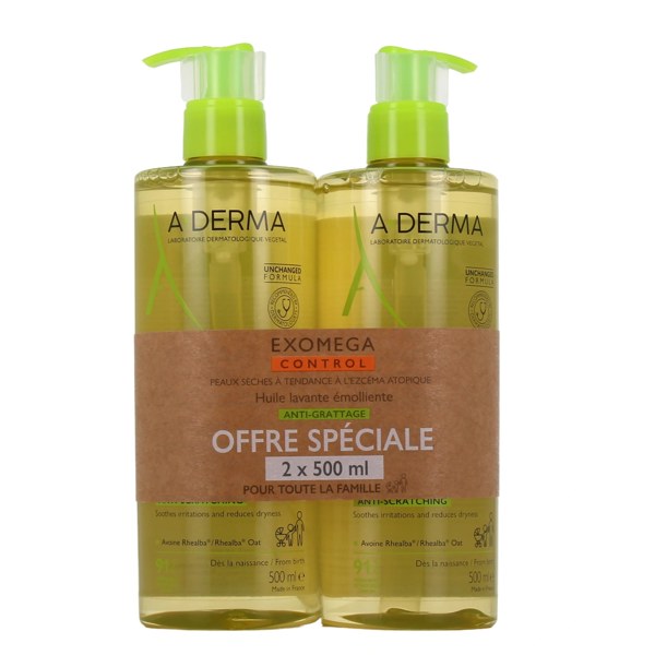 A-Derma Exomega Control huile lavante émolliente — lot 2 × 500 ml