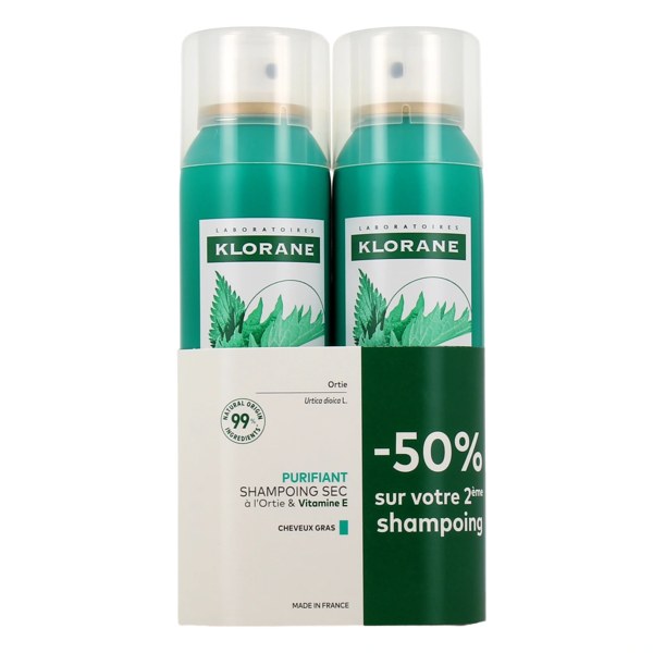 Klorane shampooing sec à l'ortie et vitamine E — lot de 2 × 150 ml