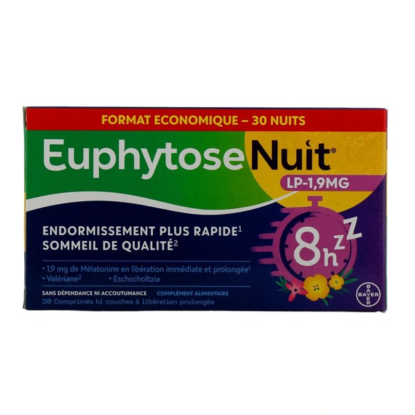 Euphytose Nuit LP 1,9 mg mélatonine et plantes — boîte de 30 comprimés