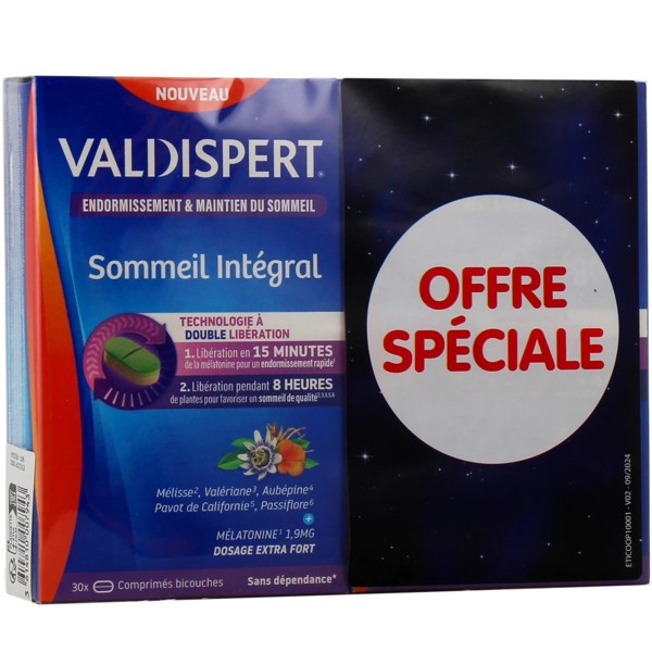 Valdispert Sommeil Intégral mélatonine et plantes — lot de 2 × 30 comprimés