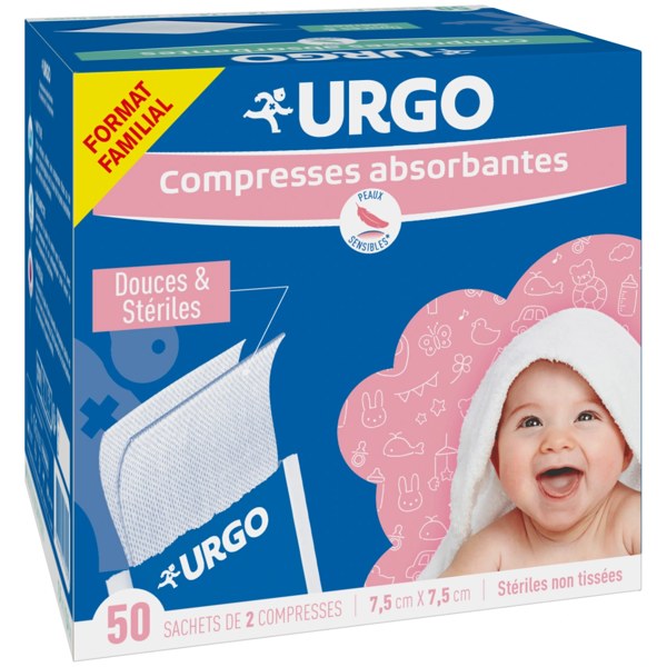 Urgo Famille compresses stériles non tissées — 7,5 × 7,5 cm, boîte de 100
