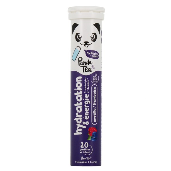 Panda Tea Hydratation & Énergie pastilles effervescentes myrtille-framboise — tube de 20