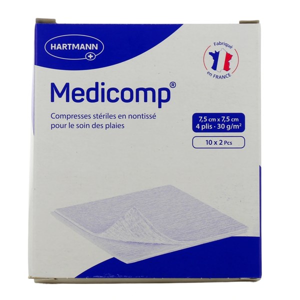 Medicomp compresses non tissées stériles 7,5 × 7,5 cm — 20 compresses