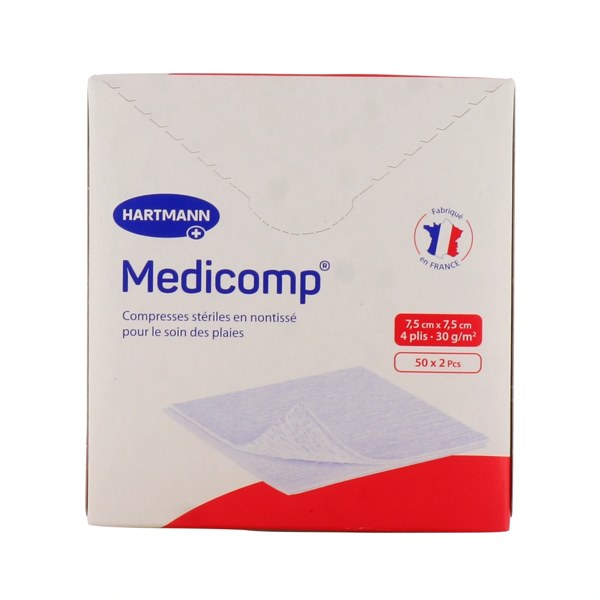 Medicomp compresses non tissées stériles 7,5 × 7,5 cm — boîte de 100