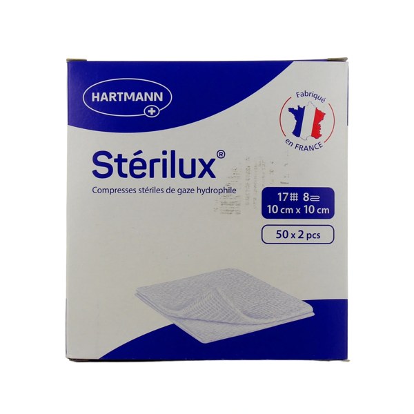Sterilux ES compresses de gaze stériles 10 × 10 cm — boîte de 50 sachets de 2