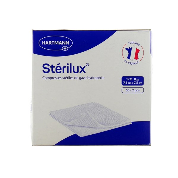 Sterilux ES compresses de gaze stériles 7,5 × 7,5 cm — 50 sachets de 2