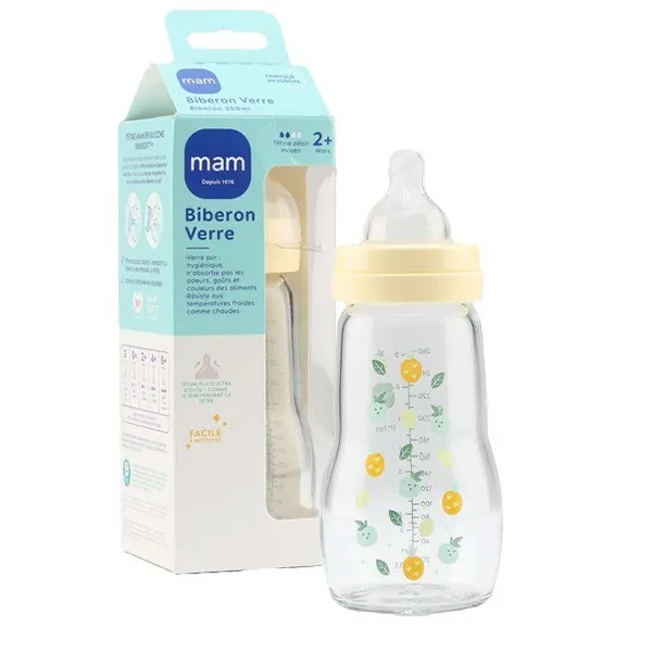 MAM biberon en verre 1er âge débit 2 bleu — 260 ml