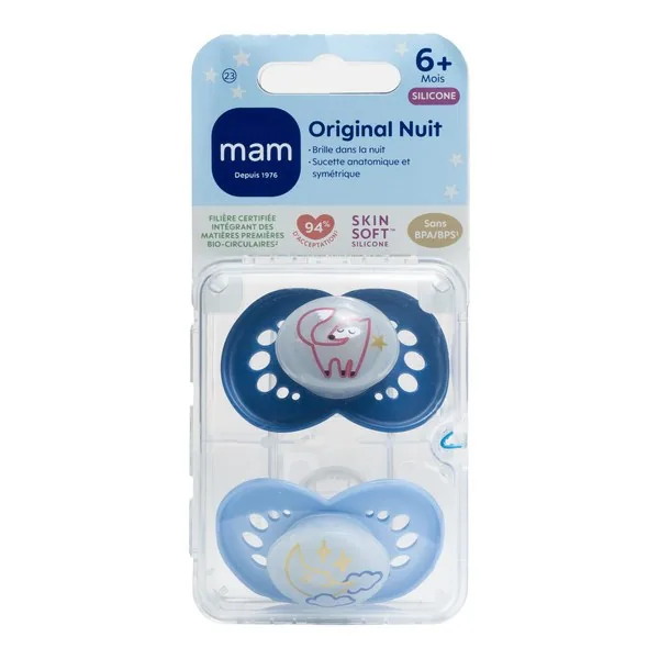 MAM Original Nuit sucettes silicone — 6 mois et plus, lot de 2