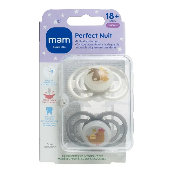 MAM Perfect Nuit sucettes en silicone, animaux — 18 mois et plus, lot de 2