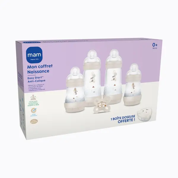 Coffret naissance MAM — Sable, 4 biberons, 1 sucette et 1 boîte doseuse