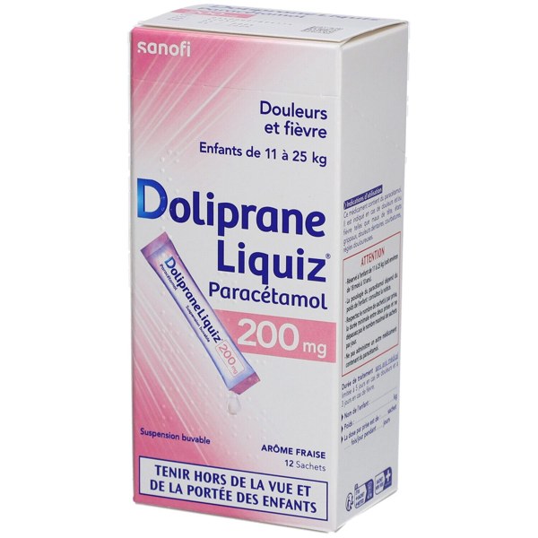Boîte de DOLIPRANELIQUIZ 200 mg, suspension buvable en sachet