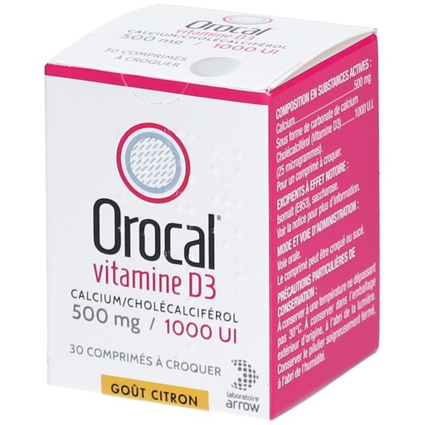 Boîte de OROCAL VITAMINE D3 500 mg/1000 UI, comprimé à croquer
