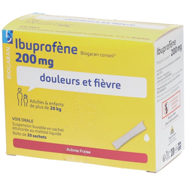 Boîte de IBUPROFENE BIOGARAN CONSEIL 200 mg, suspension buvable en sachet édulcorée au maltitol liquide
