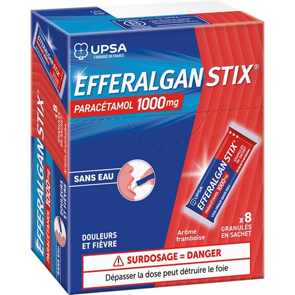 Boîte de EFFERALGANSTIX FRAMBOISE 1000 mg, granulés en sachet
