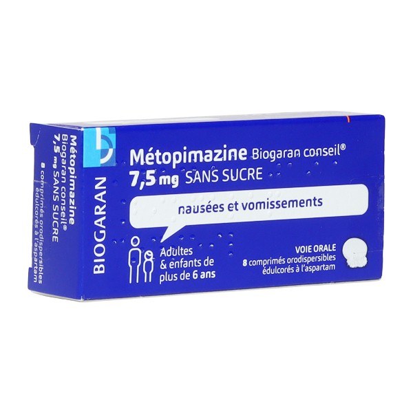 Boîte de METOPIMAZINE BIOGARAN CONSEIL 7,5 mg SANS SUCRE, comprimé orodispersible édulcoré à laspartam