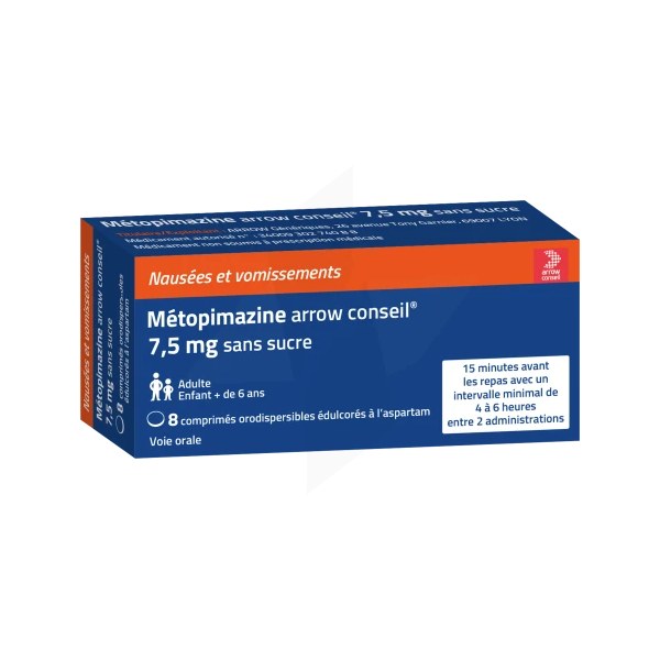 Boîte de METOPIMAZINE ARROW CONSEIL 7,5 mg SANS SUCRE, comprimé orodispersible édulcoré à laspartam