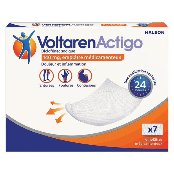 Boîte de VOLTARENACTIGO 140 mg, emplâtre médicamenteux