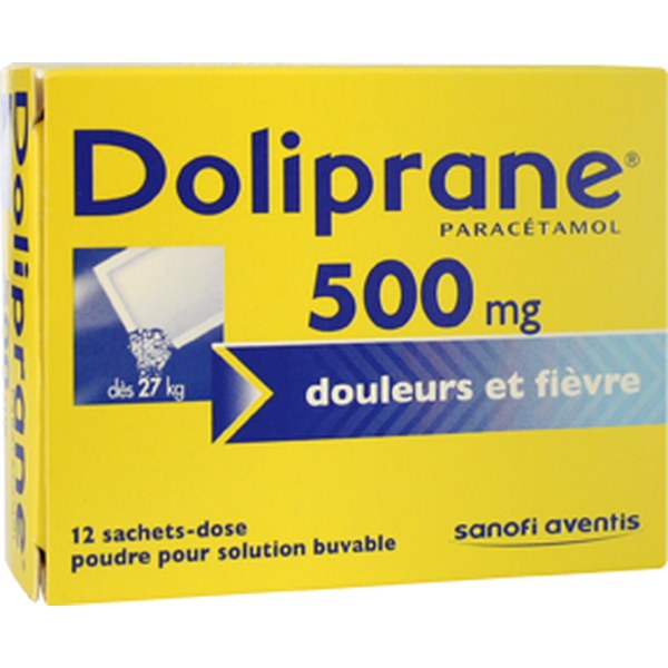 Boîte de DOLIPRANE 500 mg, poudre pour solution buvable en sachet-dose