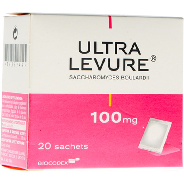 Boîte de ULTRA-LEVURE 100 mg, poudre pour suspension buvable en sachet