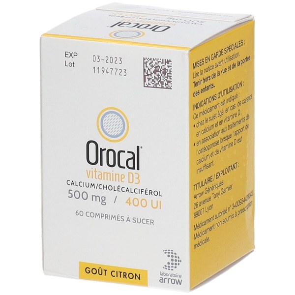Boîte de OROCAL VITAMINE D3 500 mg/400 U.I., comprimé à sucer
