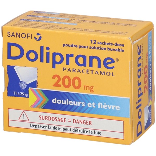 Boîte de DOLIPRANE 200 mg, poudre pour solution buvable en sachet-dose