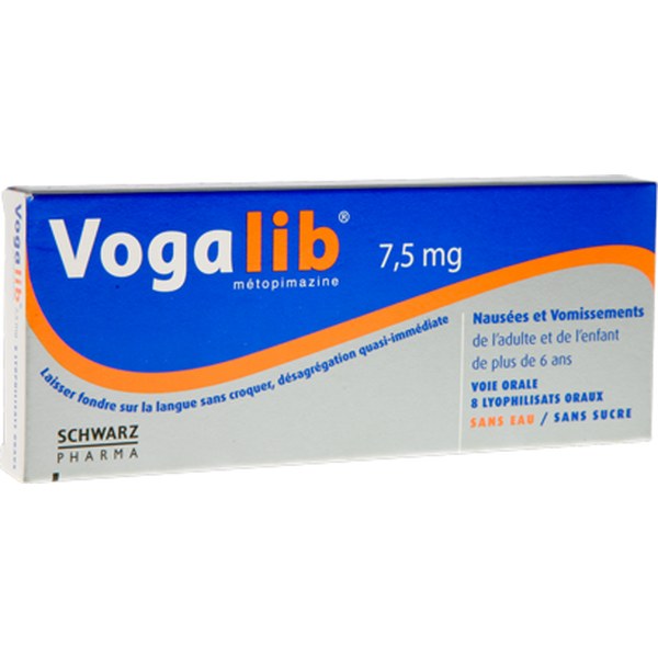 Boîte de VOGALIB 7,5 mg SANS SUCRE, lyophilisat oral édulcoré à l'aspartam