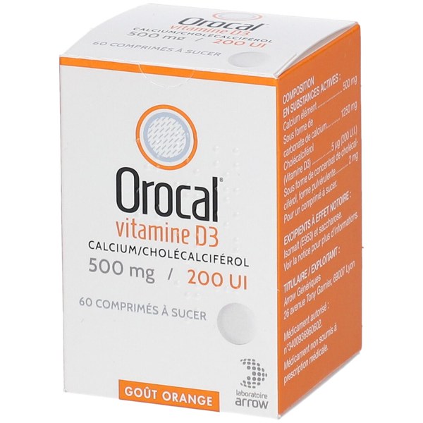 Boîte de OROCAL VITAMINE D3 500 mg/200 UI, comprimé à sucer