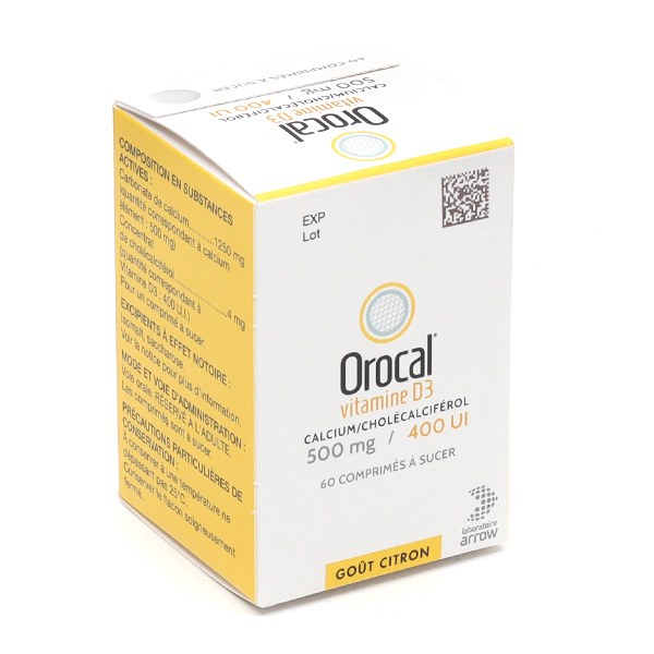 Boîte de OROCAL VITAMINE D3 500 mg/400 U.I., comprimé à sucer