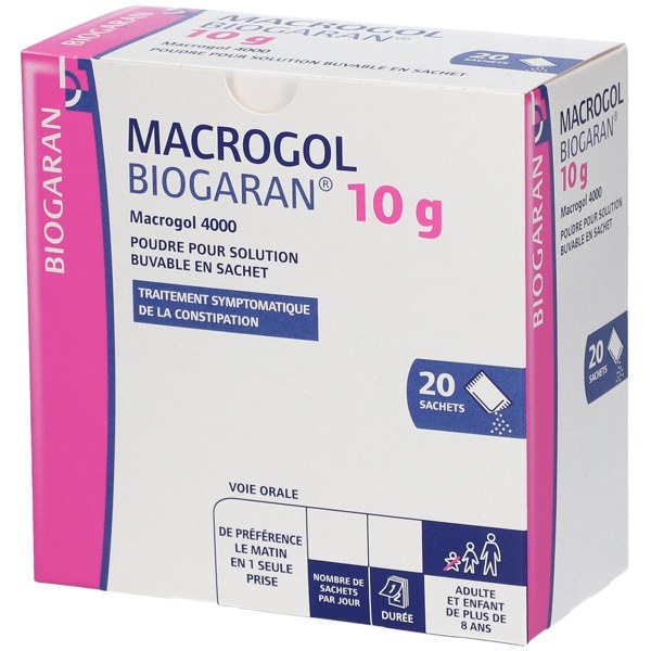 Boîte de MACROGOL BIOGARAN 10 g, poudre pour solution buvable en sachet