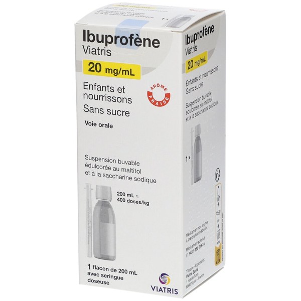 Boîte de IBUPROFENE VIATRIS 20 mg/mL ENFANTS ET NOURRISSONS sans sucre, suspension buvable édulcorée au maltitol et à la saccharine sodique