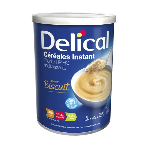 Delical Poudre HP HC Céréales instant, saveur biscuit, 420 g — Lactalis Nutrition Santé — Biscuit