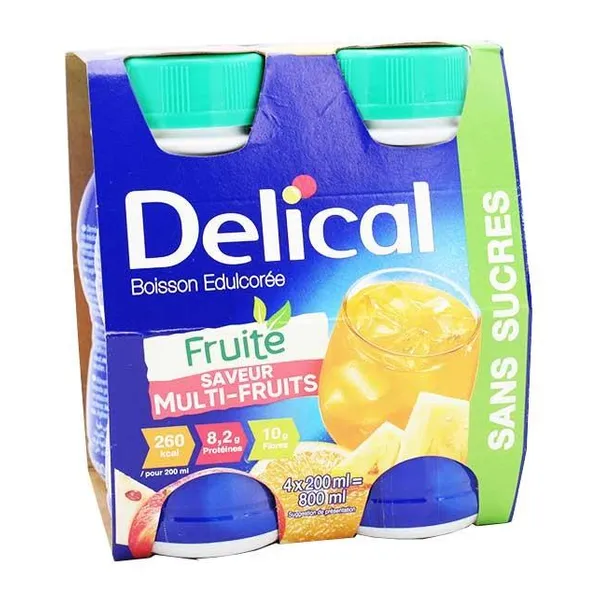 Delical Boisson fruitée sans sucres, saveur multi-fruit, 4 x 200 ml — Lactalis Nutrition Santé — Multi-fruit